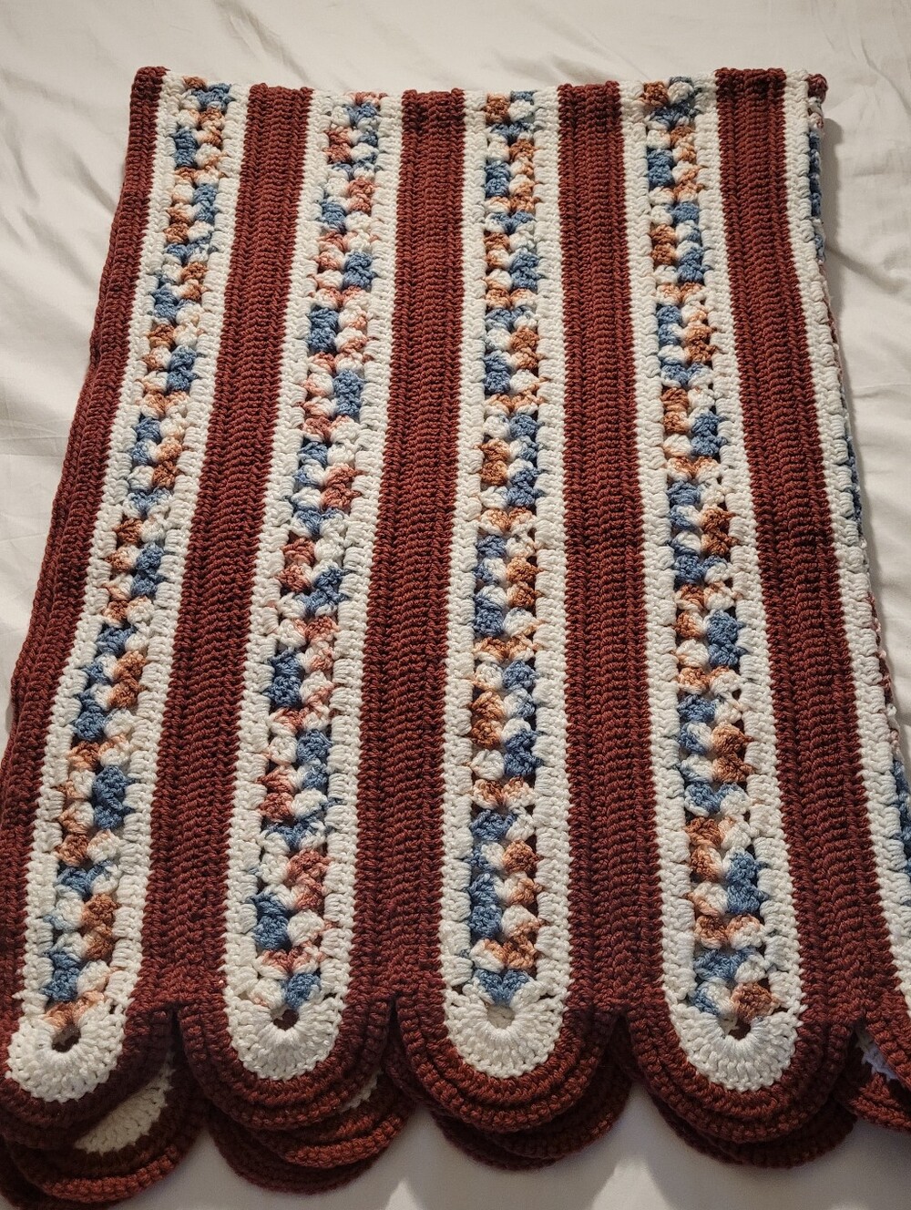 Crochet Burgundy & White Scalloped Edge Afghan 48" X 65"
